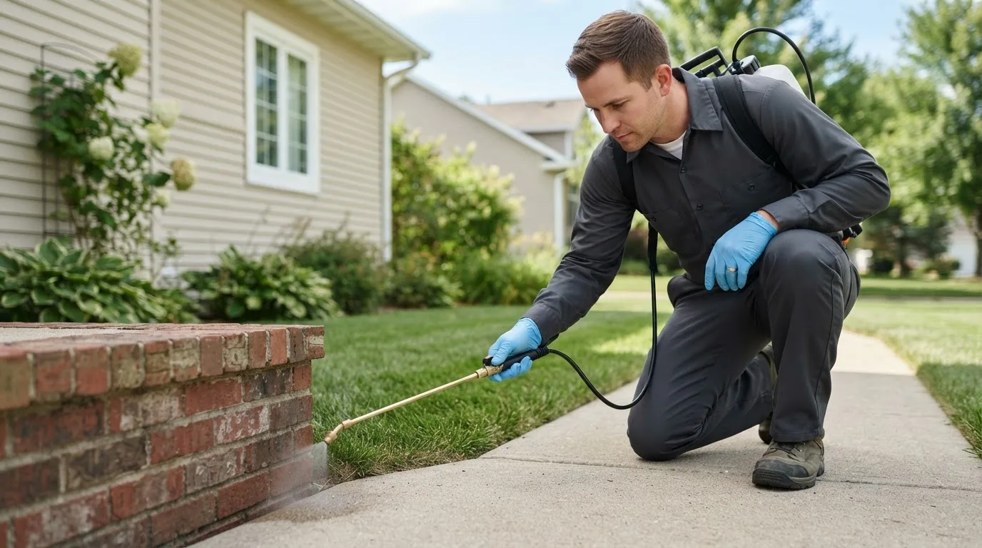Pest control technician treating a home near Valley City, OH