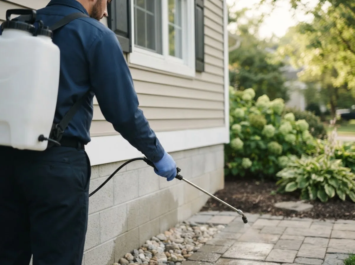Pest control technician inspecting a home in Valley City, OH